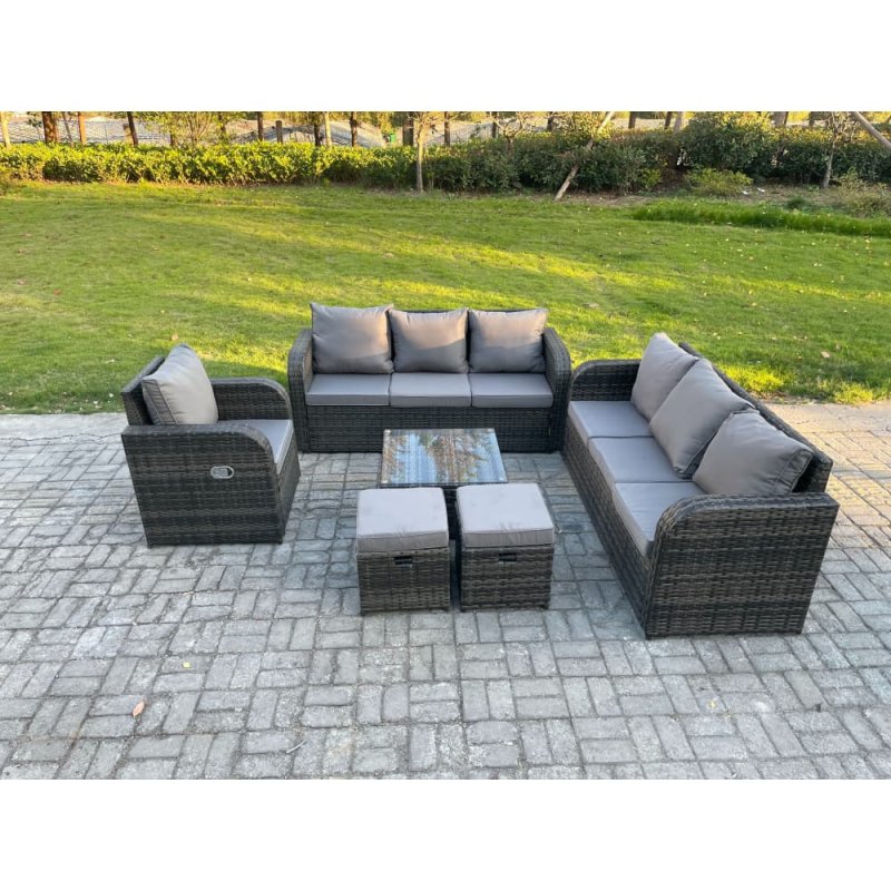 Fimous Outdoor Rattan Garden Furniture Set Conservatory Patio Sofa Coffee Table With Reclining Chair 2 Small Footstools Dark Grey Mixed