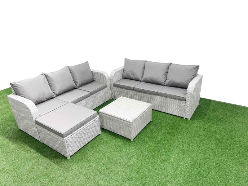 Fimous Outdoor Garden Furniture Sets 7 Seater Wicker Rattan Furniture Sofa Sets with Square Coffee Table high Back Lounge Sofa Big Footstool Light Grey