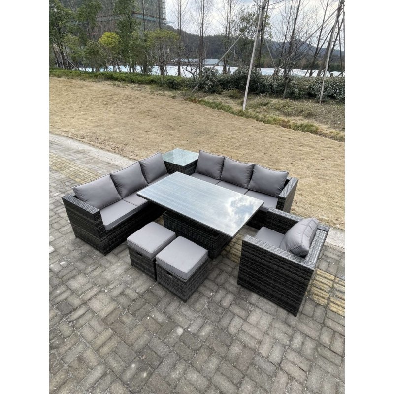 Fimous 9 Seater PE Rattan Corner Sofa Set Rising Adjustable Dining Table Set High Side Coffee Table With Arm Chair Stools