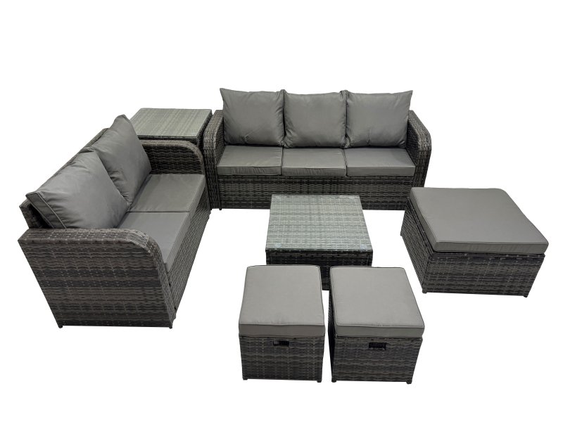 Fimous Wicker PE Rattan Garden Outdoor Furniture Set Love Sofa Square Coffee Table Set with 3 Stools Side Table Dark Grey Mixed
