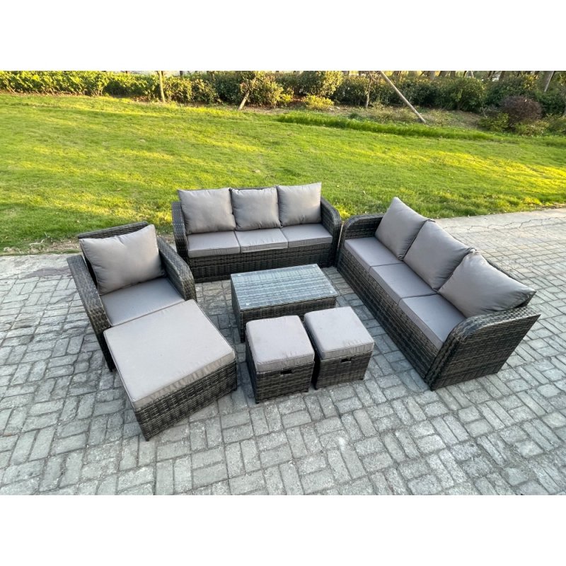 Fimous 10 Seater Rattan Lounge Sofa Set Outdoor Garden Furniture Set with Rectangular Coffee Table 3 Seater Sofa 3 Footstools Dark Grey Mixed