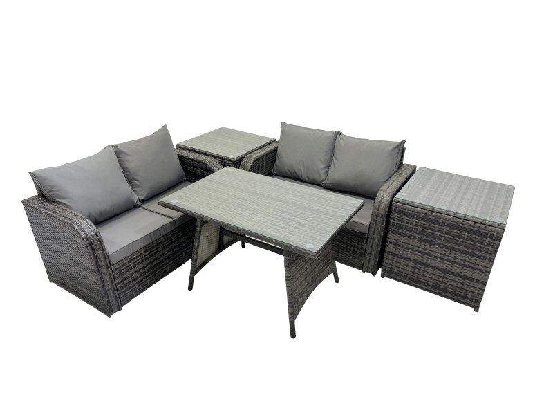 Fimous 4 Seater Garden Outdoor Rattan Furniture Set Rattan Sofa Oblong Dining Table with 2 Side Table Dark Grey