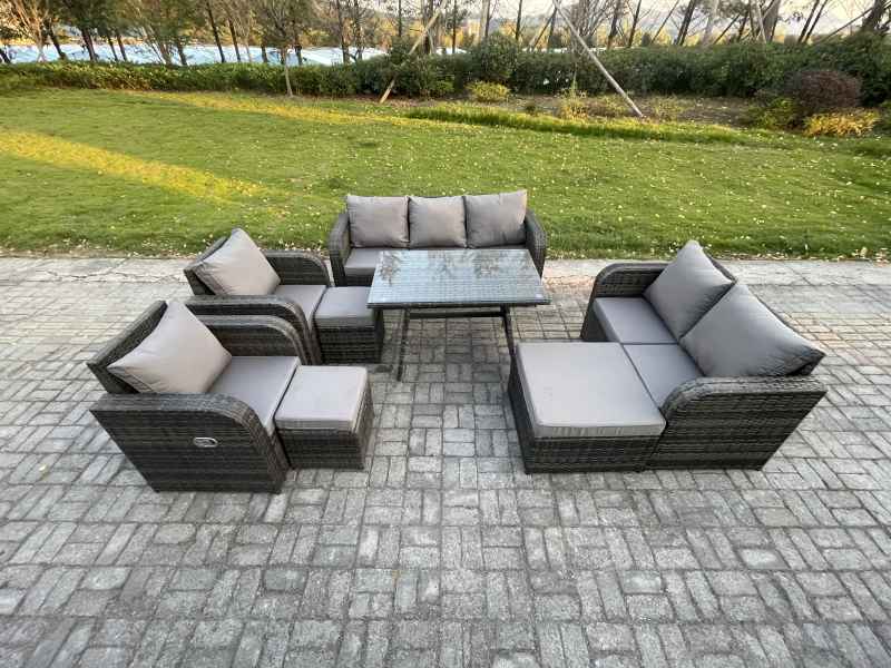 Fimous Outdoor Rattan Garden Furniture Set 10 Seater Patio Lounge Sofa Set with Dining Table 3 Footstools Dark Grey Mixed