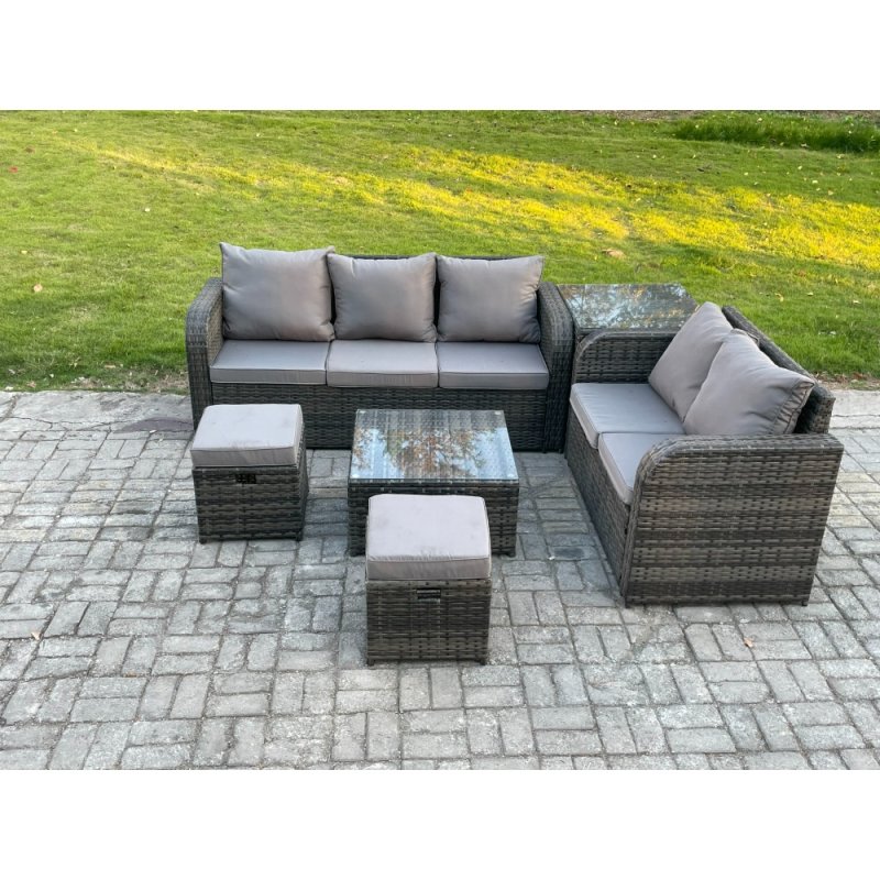 Fimous PE Rattan Garden Furniture Sets 7 Seater Outdoor Lounge Sofa Set Square Coffee Table 2 Small Footstools Side Table