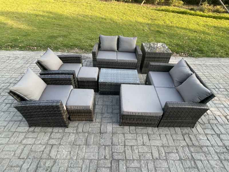 Fimous Garden Furniture Sets 9 Pieces Outdoor Rattan Furniture Manual Wicker Patio Sofa Chair Set with Coffee Table 3 Footstools Side Table Dark Grey Mixed