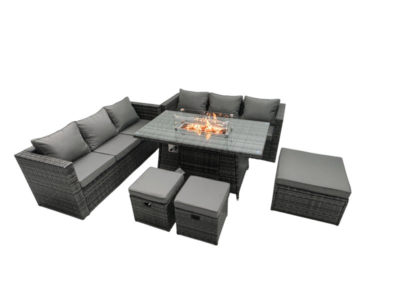 Fimous Rattan Garden Furniture Firepit Dining Set 9 Seater Lounge Sofa Table Set with 3 Footstool