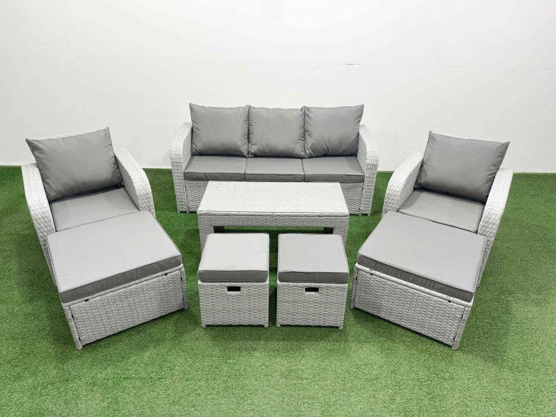 Fimous PE Wicker Rattan Furniture Sofa Sets with Oblong Coffee Table 3 Seater Sofa 4 Stools Light Grey Mixed