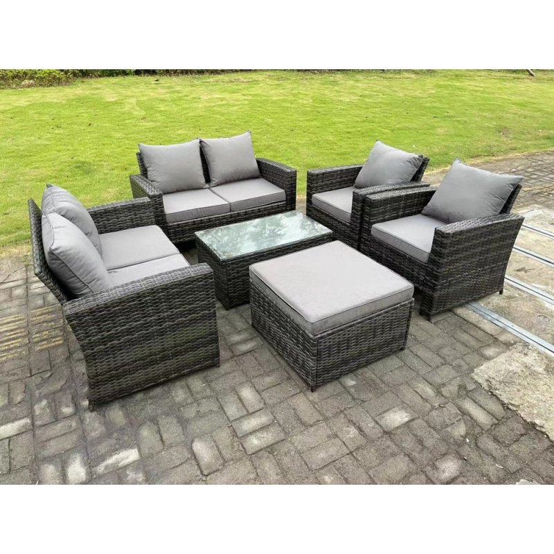 Fimous 7 Seater Dark Grey Mixed High Back Rattan Sofa Set Rectangular Coffee Table Garden Furniture Outdoor Patio