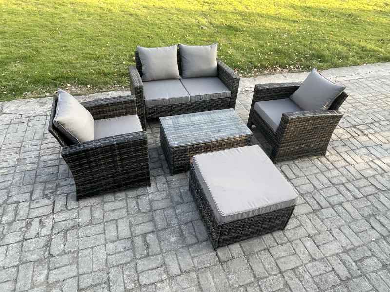 Fimous Outdoor Lounge Sofa Set Wicker PE Rattan Garden Furniture Set with Rectangular Coffee Table Double Seat Sofa Big Footstool Dark Grey Mixed