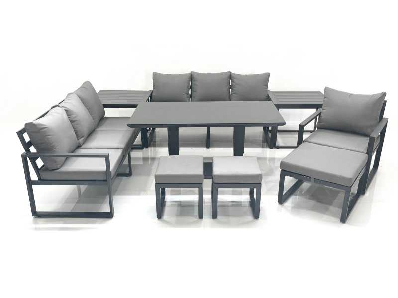 Fimous Outdoor Garden Furniture Set Aluminium Lounge Sofa Adjustable Rising Lifting Dining Table Sets with 3 Footstools 2 Side Tables Dark Grey