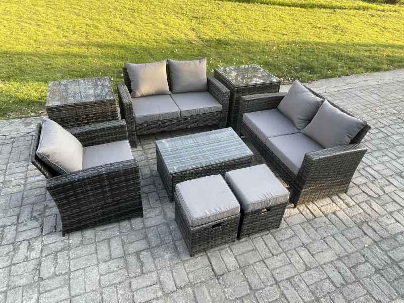 Fimous Rattan Garden Furniture Set 7 Seater Patio Outdoor Lounge Sofa Chair Set with Rectangular Coffee Table 2 Small Footstools 2 Side Tables Dark Grey Mixed