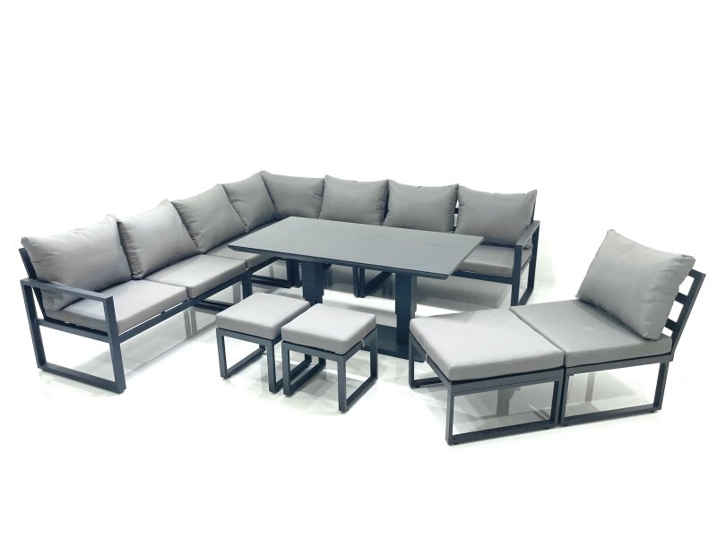 Fimous 11 Seater Outdoor Aluminum Garden Furniture Set Corner Sofa 3 Footstools Rising Lifting Dining Table Sets Dark Grey