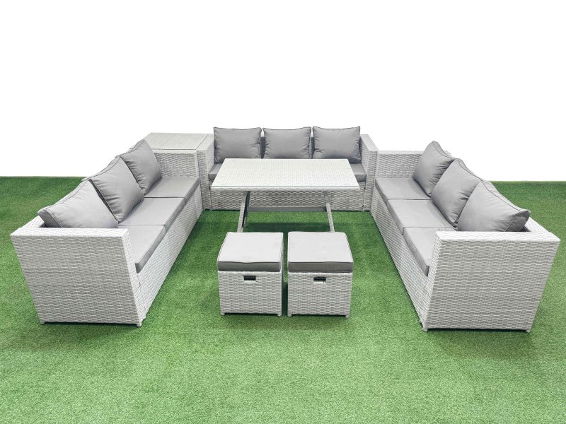 Fimous 11 Seat Outdoor Patio PE Rattan Garden Furniture with Cushions 3 Seater Sofa Side Table 2 Small Stools Light Grey