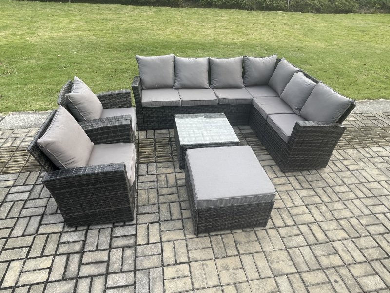 Fimous 9 Seat Rattan Garden Furniture Corner Sofa Set Outdoor Patio Sofa Table Set with Big Footstool 2 Armchairs Dark Grey Mixed