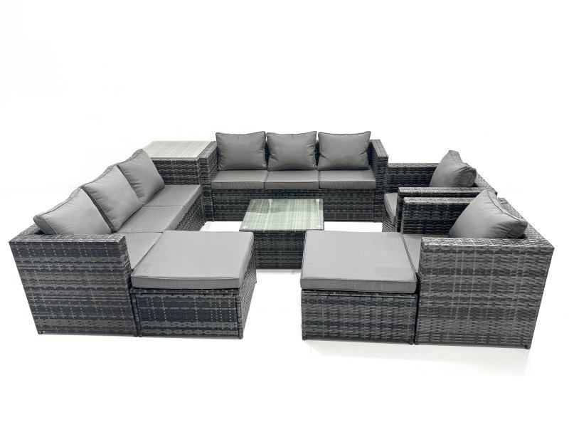Fimous Outdoor Rattan Garden Furniture Set 10 Seater Patio Lounge Sofa Set with Armchair Square Coffee Table Side Table 2 Big Footstool Dark Grey Mixed