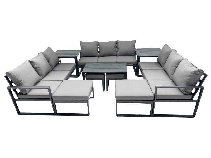 Fimous Outdoor Garden Furniture Set Aluminium Lounge 3 Seat Sofa Oblong Coffee Table Sets with 4 Stools 2 Side Tables Dark Grey