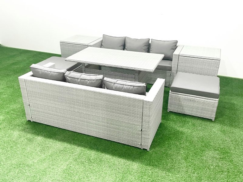 Fimous Rattan Garden Furniture Set 8 Seater Outdoor Sofa Set with Dining Table 2 Side Tables 2 Big Footstools Light Grey Mixed