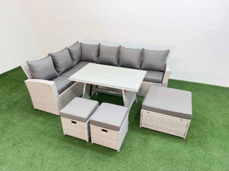Fimous Garden Outdoor Rattan Furniture Set Rattan Corner Sofa Oblong Dining Table Set with 3 Footstools Light Grey Mixed 9 Seater