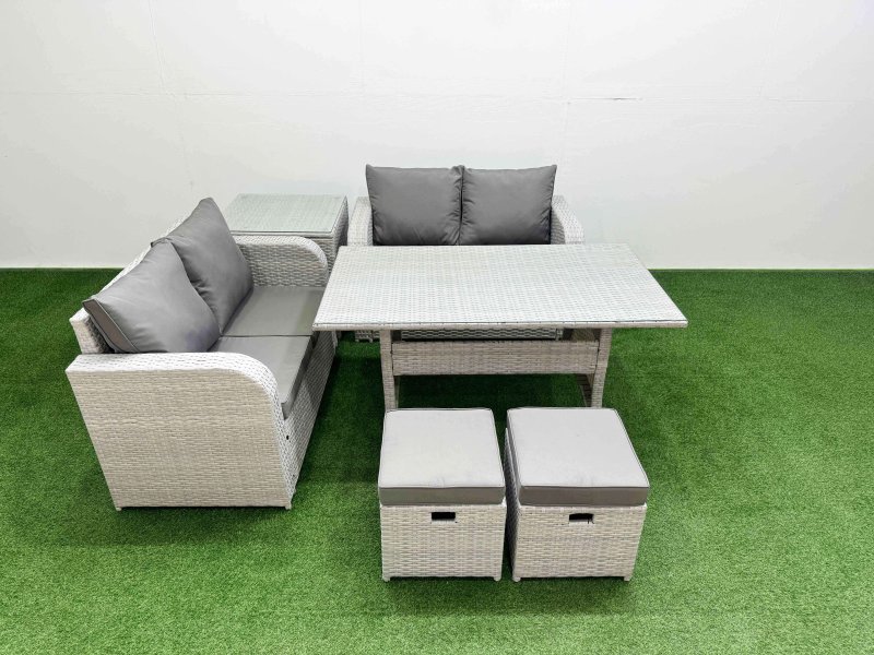 Fimous 6 Seater Outdoor Love Sofa Set Rattan Garden Furniture Set with Rectangular Dining Table 2 Small Stools Side Table Light Grey