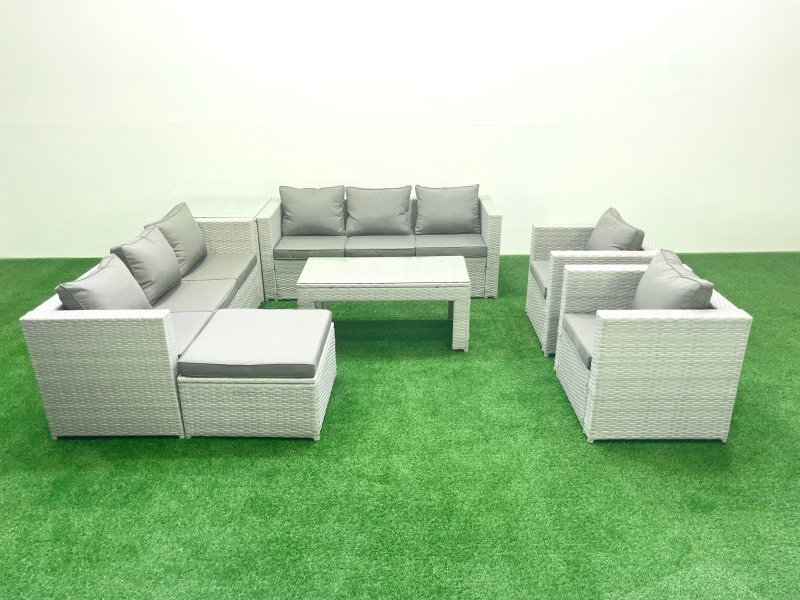Fimous Outdoor Garden Furniture Rattan Sofa Set with 2 Armchairs Oblong Coffee Table Big Footstool Side Table Light Grey Mixed