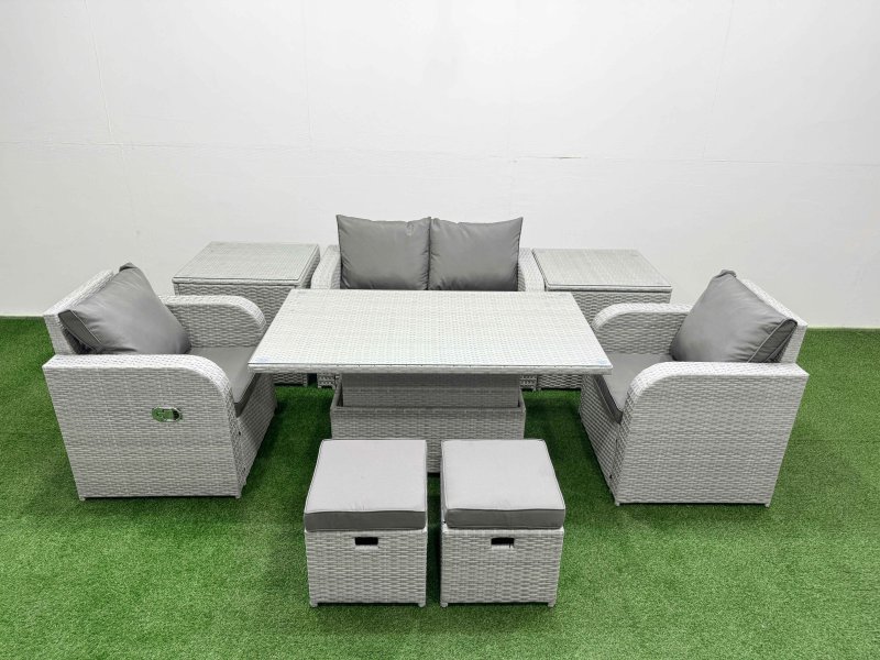 Fimous Light Grey PE Wicker Rattan Garden Furniture Set Sofa Set Reclining Chair Adjustable Lifting Dining or Coffee Table 6 Seater 2 Small Stools 2 Side Table