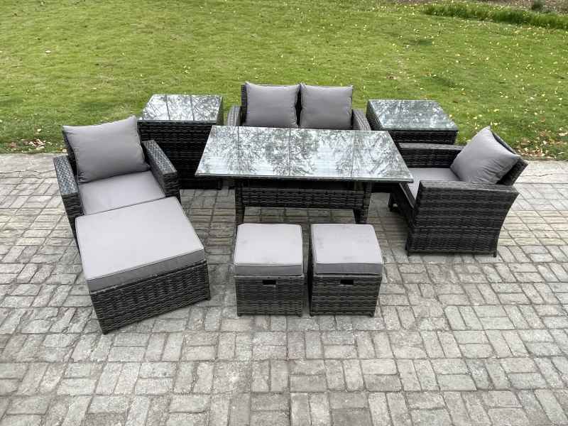 Fimous 7 Seater PE Wicker Outdoor Garden Furniture Set Patio Furniture Rattan Rectangular Dining Table Lounge Sofa with 3 Footstools 2 Side Tables