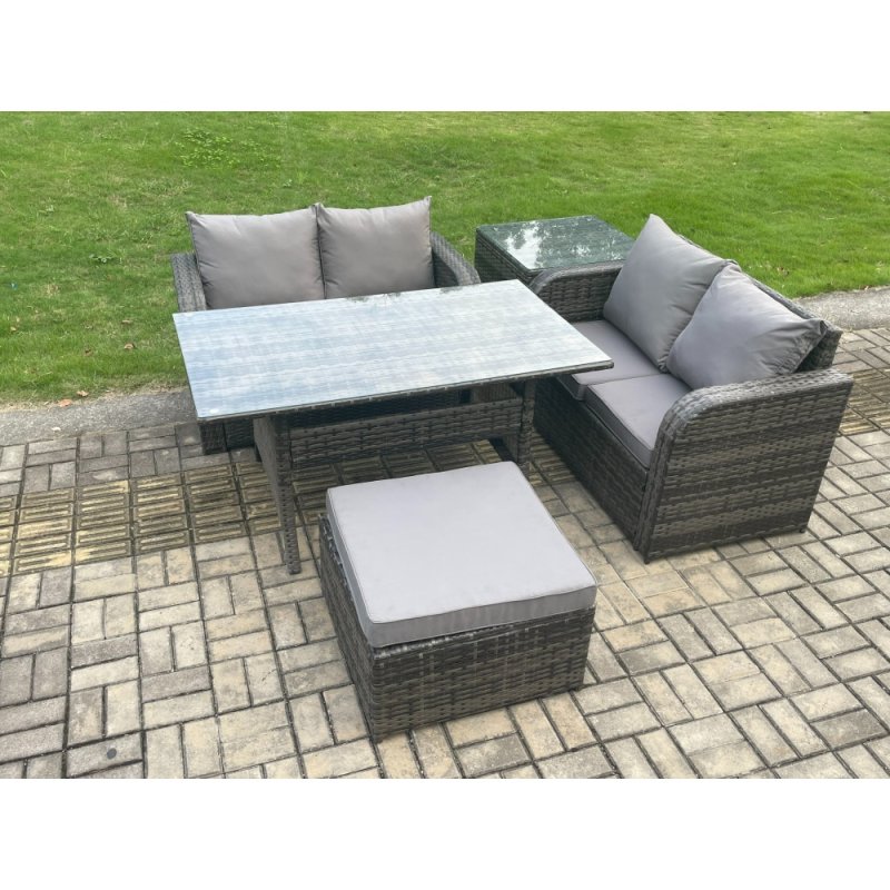 Fimous Garden Patio Furniture Wicker Rattan Oblong Rectangular Dining Table and Loveseat Sofa set with Side Table Big Footstool Dark Grey Mixed