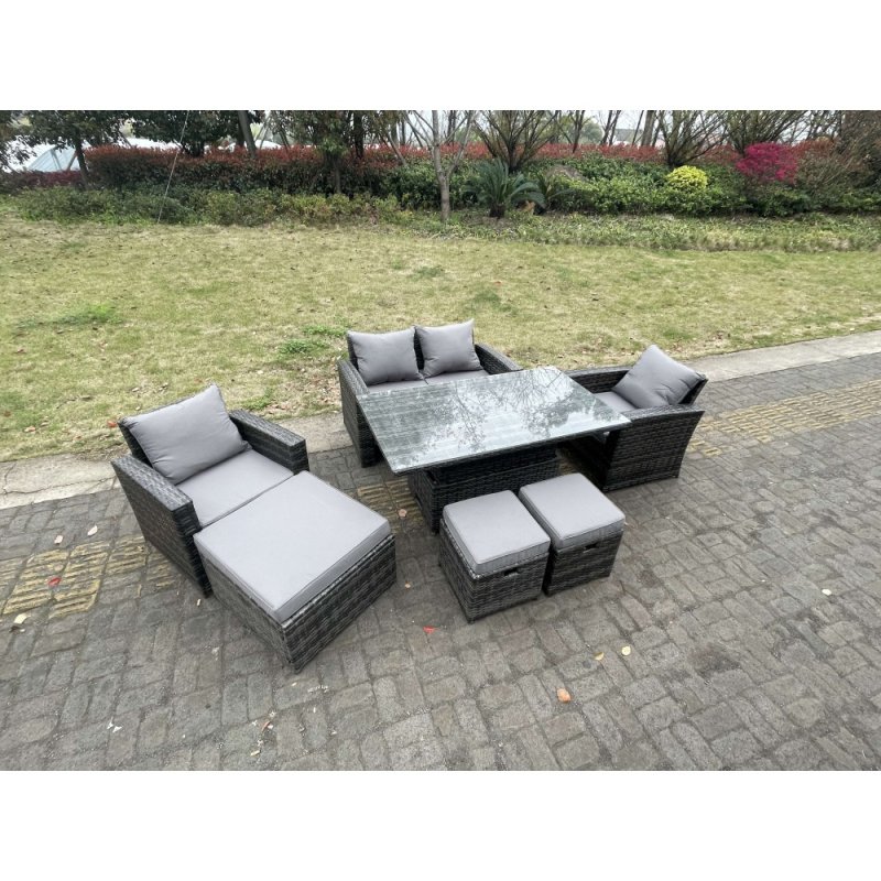 Fimous Rattan Outdoor Furniture Adjustable Rising Lifting Rectangle Dining Table Chairs Two Seater Love Sofa Sets 3 Footstools 7 Seater