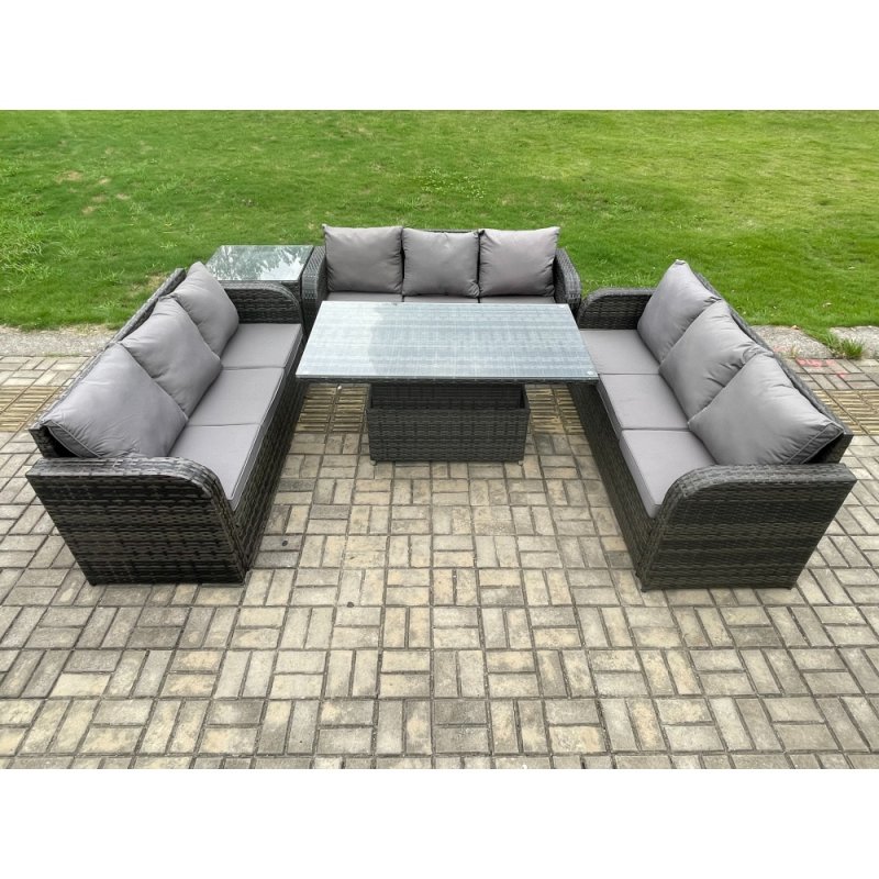 Fimous Patio Garden Dining Set Outdoor Rattan Furniture Lounge Sofa Height Adjustable Rising lifting Table With Side Table Dark Grey Mixed