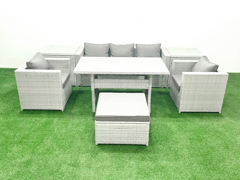 Fimous Garden Dining Set Outdoor Rattan Furniture Set with Sofa Dining Table 2 Chairs Big Footstool 2 Side Tables Light Grey Mixed