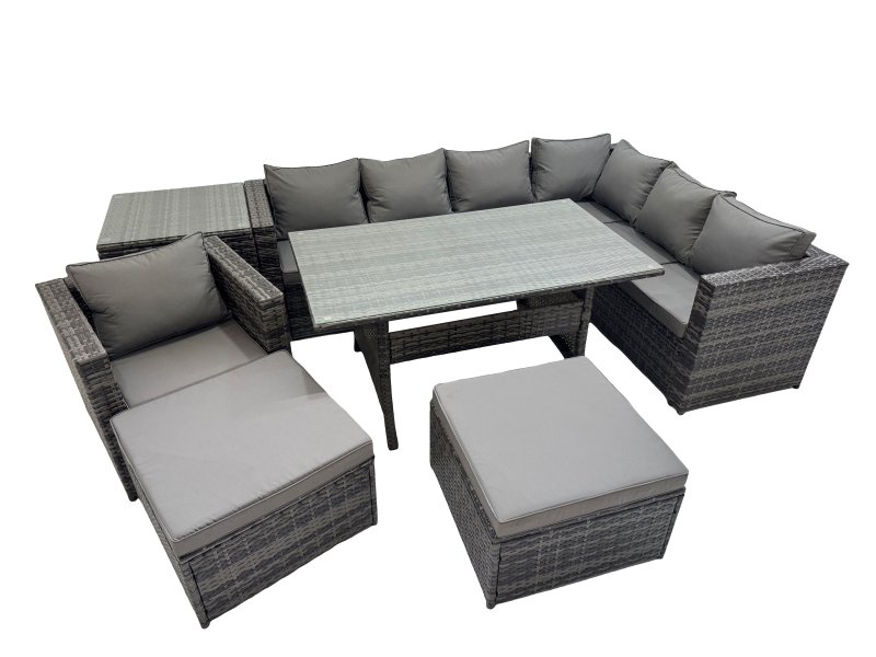 Fimous Rattan Garden Furniture Set Outdoor 9 Seater Patio Dining Corner Sofa Sets with Dining Table Chair 2 Big Stools Side Table Dark Grey Mixed