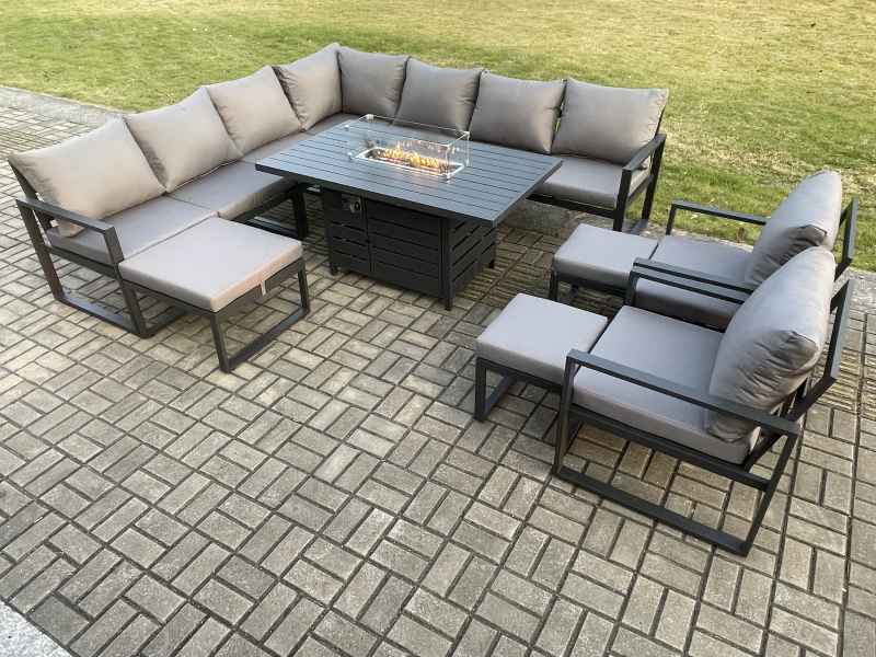 Fimous Aluminium Lounge Corner Sofa Outdoor Garden Furniture Sets Gas Fire Pit Dining Table Set with 2 Chairs 3 Footstools Dark Grey