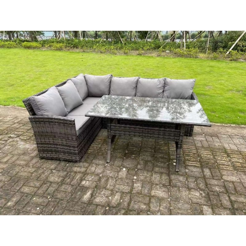 High Back Dark Mixed Grey Rattan Corner Sofa Set Outdoor Furniture Rectangular Dining Table 6 Seater