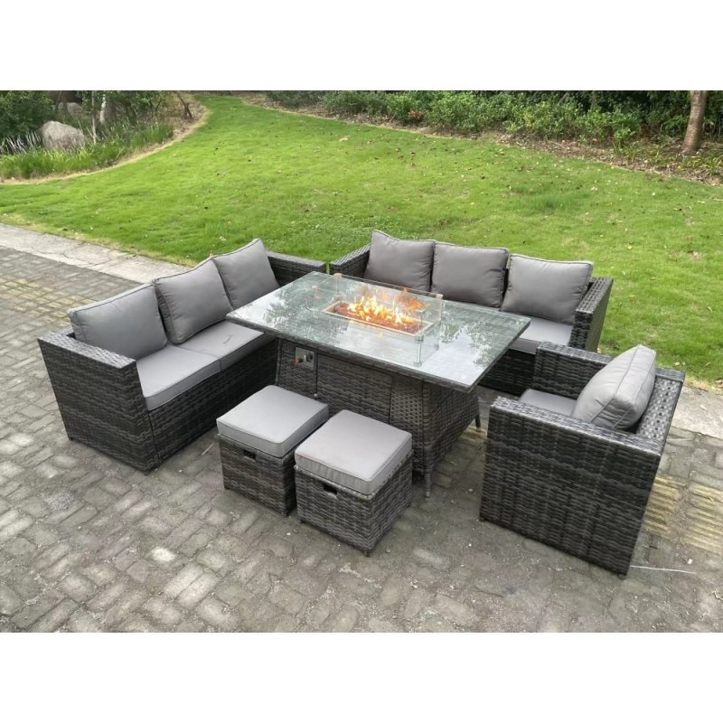 Fimous Rattan Garden Furniture Sofa Set Outdoor Patio Gas Fire Pit Dining Table Gas Heater Burner With Armchair 2 Small Stools 9 Seater Dark Grey Mixed