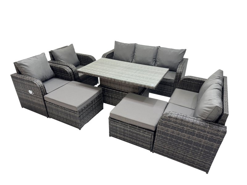 Fimous Rattan Garden Furniture Dining Set 9-seater Patio Height Adjustable Rising Lifting Table Sofa Sets with 2 Big Footstool Dark Grey Mixed