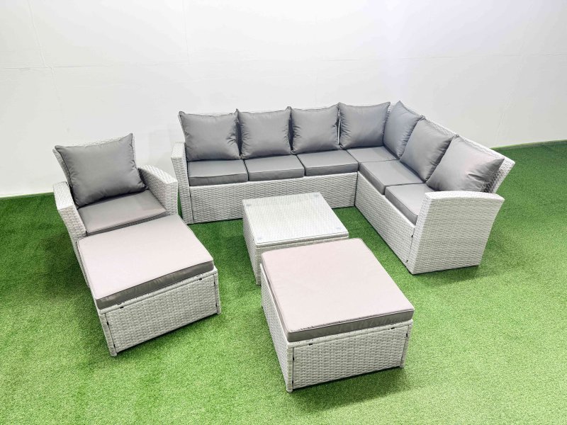 Fimous Rattan Garden Outdoor Furniture Set 9 Seater Rattan Garden Sofa Set with Armchair 2 Big Footstools Light Grey Mixed