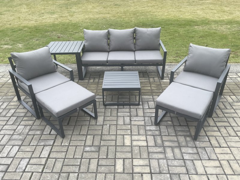 Fimous Aluminium Outdoor Lounge Sofa Set Garden Furniture Sets with Square Coffee Table 2 Chairs 2 Big Footstools Side Table Dark Grey 7 Seater