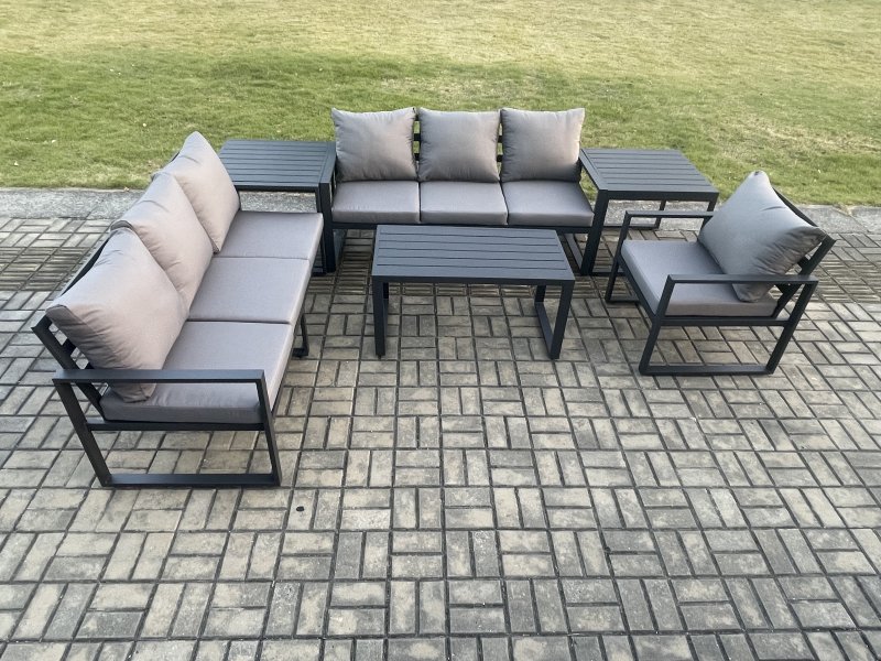 Fimous Aluminium 7 Seater Garden Furniture Outdoor Patio Sofa Set with Rectangular Coffee Table Armchair 2 Side Tables Dark Grey