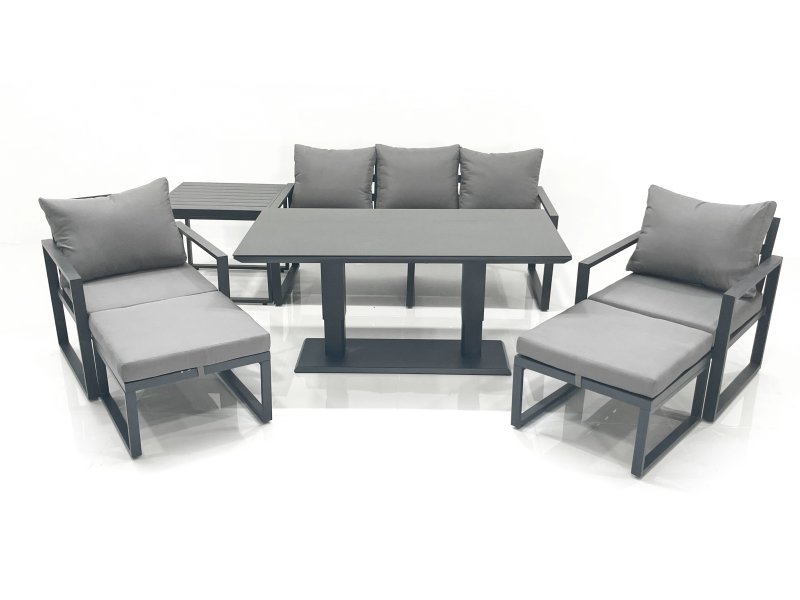 Fimous Outdoor Aluminium Garden Furniture Set with Adjustable Rising Lifting Dining Table 3 Seater Sofa 2 Chair 2 Big Footstools Side Table Dark Grey