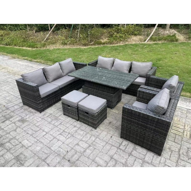 Fimous 10 Seater Wicker PE Garden Furniture Rattan Sofa Set Outdoor Adjustable Rising Lifting Dining Table Set with 2 Armchairs 2 Stools Dark Grey Mixed