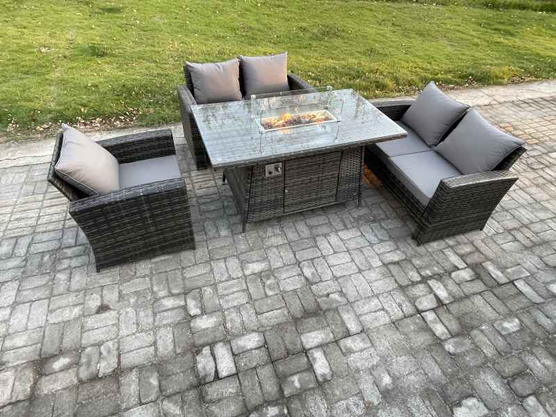 Fimous Rattan Outdoor Garden Furniture Gas Fire Pit Table Sets Gas Heater with Double Seat Sofa Armchair 5 Seater Dark Mixed Grey