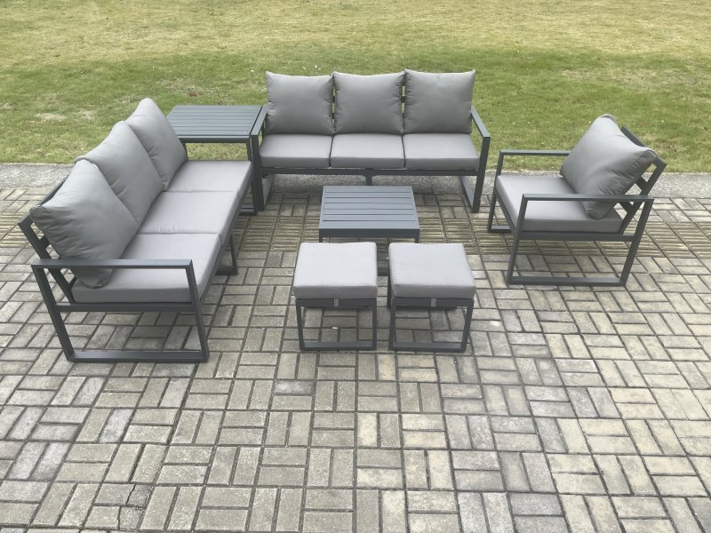 Fimous Aluminium 9 Seater Outdoor Garden Furniture Lounge Sofa Set with Square Coffee Table Chair 2 Small Footstools Side Table Dark Grey