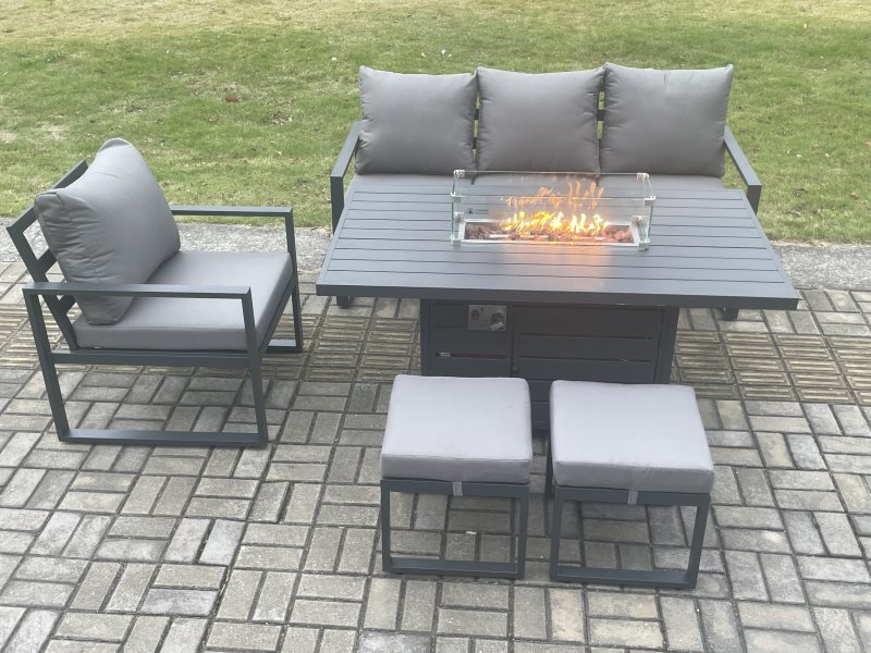 Fimous Aluminium Outdoor Garden Furniture Set Gas Fire Pit Dining Table Set Gas Heater Burner with 2 Small Footstools Dark Grey 6 Seater