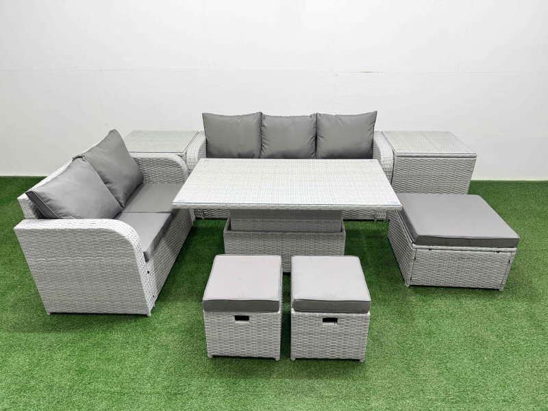 Fimous 8 Seater PE Rattan Wicker Garden Furniture Patio Conservatory Sofa Set with Adjustable Lifting Dining or Coffee Table 3 Seater Sofa Love Sofa 3 Stool 2 Side Table