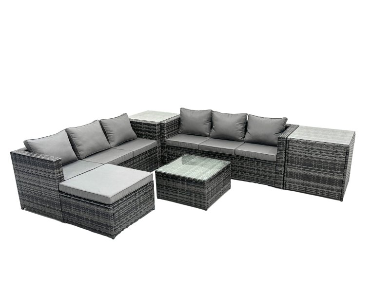 Fimous Outdoor Rattan Garden Furniture Set 7 Seater Patio Lounge Sofa Set with Square Coffee Table 2 Side Table Big Footstool Dark Grey Mixed