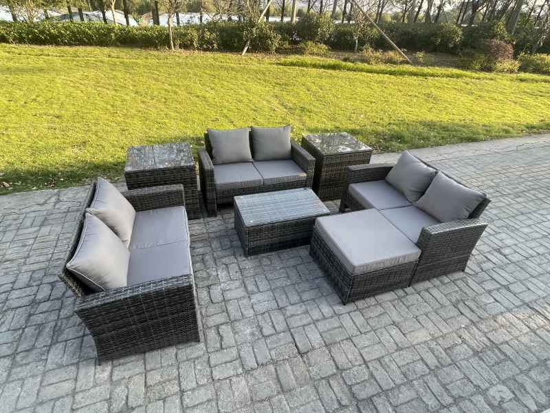 Fimous 7pc Rattan Sofa Garden Furniture Outdoor Patio Set with 2 Side Tables Big Footstool Double Seat Sofa Dark Grey Mixed