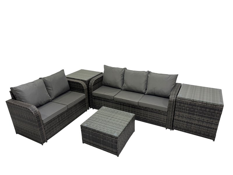 Fimous Rattan Garden Outdoor Furniture Set Love Sofa Square Coffee Table Sets with 2 Side Tables 2 Small Stools Dark Grey Mixed
