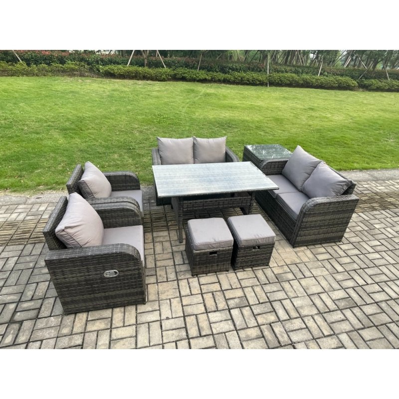 Fimous Rattan Outdoor Furniture Garden Dining Set Rectangular Table and Chair Sofa Set With Side Table 2 Small Footstools Dark Grey Mixed