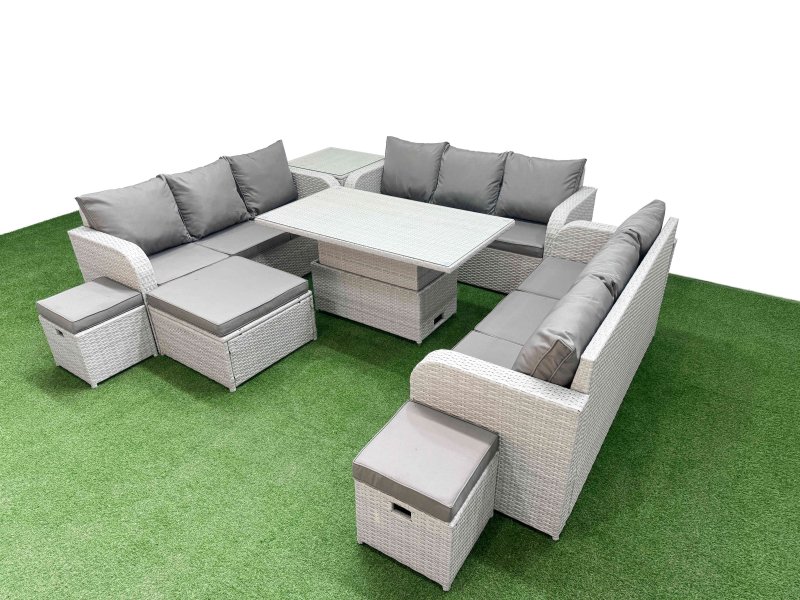 Fimous PE Rattan Lounge Sofa Set 12 Seater Outdoor Garden Furniture Set with Adjustable Lifting Dining or Coffee Table 3 Seater Sofa 3 Stools Side Table Light Grey