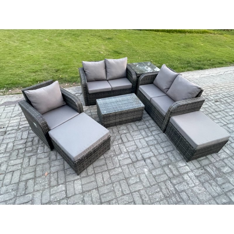 Fimous 7 Seater High Back Rattan Garden Furniture Set with Loveseat Sofa Rectangular Coffee Table 2 Big Footstool Side Table Indoor Outdoor Patio Lounge Sofa Set Dark Grey Mixed